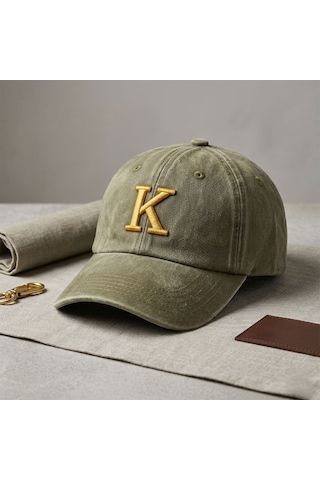Bk Gift Kişiye Özel Harf Nakışlı Vintage Haki Beyzbol Şapkası Unisex Eskitme Kumaş Metal Tokalı