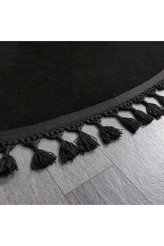 Yuvarlak Comfort Puffy Ponpon Saçaklı Peluş Halı Siyah