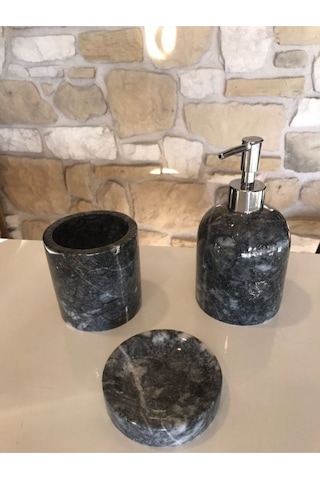 Siyah Dalgalı Mermer 3'lü Banyo Seti Beyaz