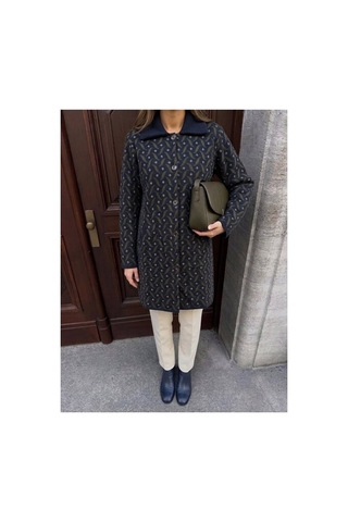 Onno Style Women Desenli Çelik Örgü Uzun Triko Kadın Kaban Lacivert