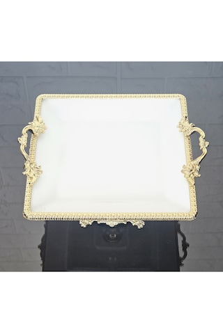 Porselen Küçük Sade Kare Servis Tabağı-sunumluk Döküm Gold Çerçeve Ve Ayaklı 22cm Beyaz
