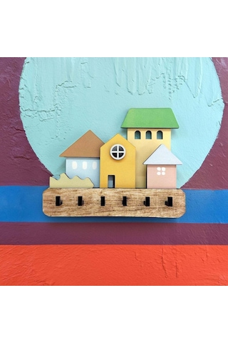 Cajuart Dekoratif Boyutlu Pastel Ton Evler Duvar Dekoru Askılık Anahtarlık