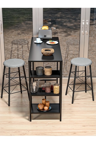 Retodesign Siyah Raflı Yuvarlak Tabureli Bar Takımı 4651s
