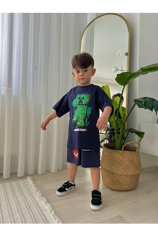 Miniko Kids Erkek Çocuk Minecraftt Modelli Baskılı Şortlu Pamuk Takım Lacivert