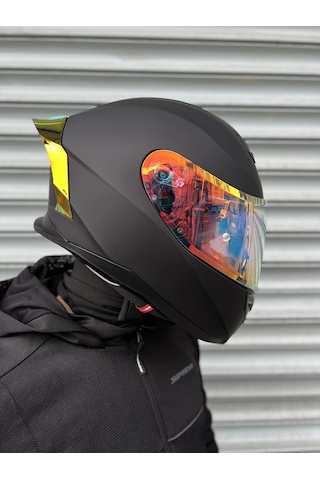 Rivox R1 Mat Siyah Revo Kapalı Kask Gold Vizörlü Mat Siyah