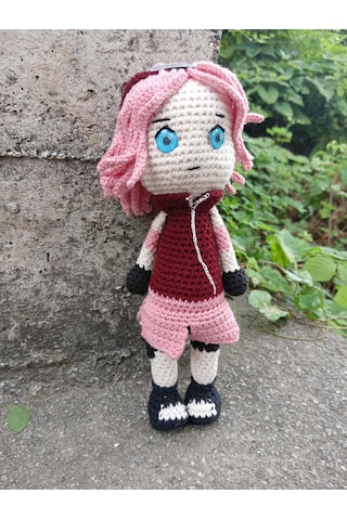Sakura Haruno / Uchiha Amigurumi Örgü Oyuncak - Anime Hediyelik Figür 21 Cm