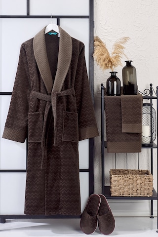 Ansaaj Kadife Jakarlı 4 Parça Bornoz Takımı Kahve