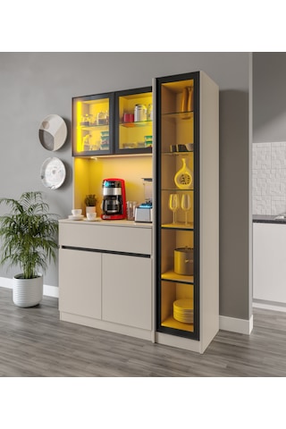 Lora Kum Beji Midi Sağ Vitrinli Komple Mdf Led Aydınlatmalı Kahve Köşesi
