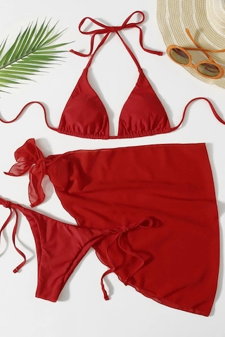 Angelsin Pareolu Bağlamalı 3'lü Bikini Takım Set Çıkartılabilir Kaplı Kırmızı