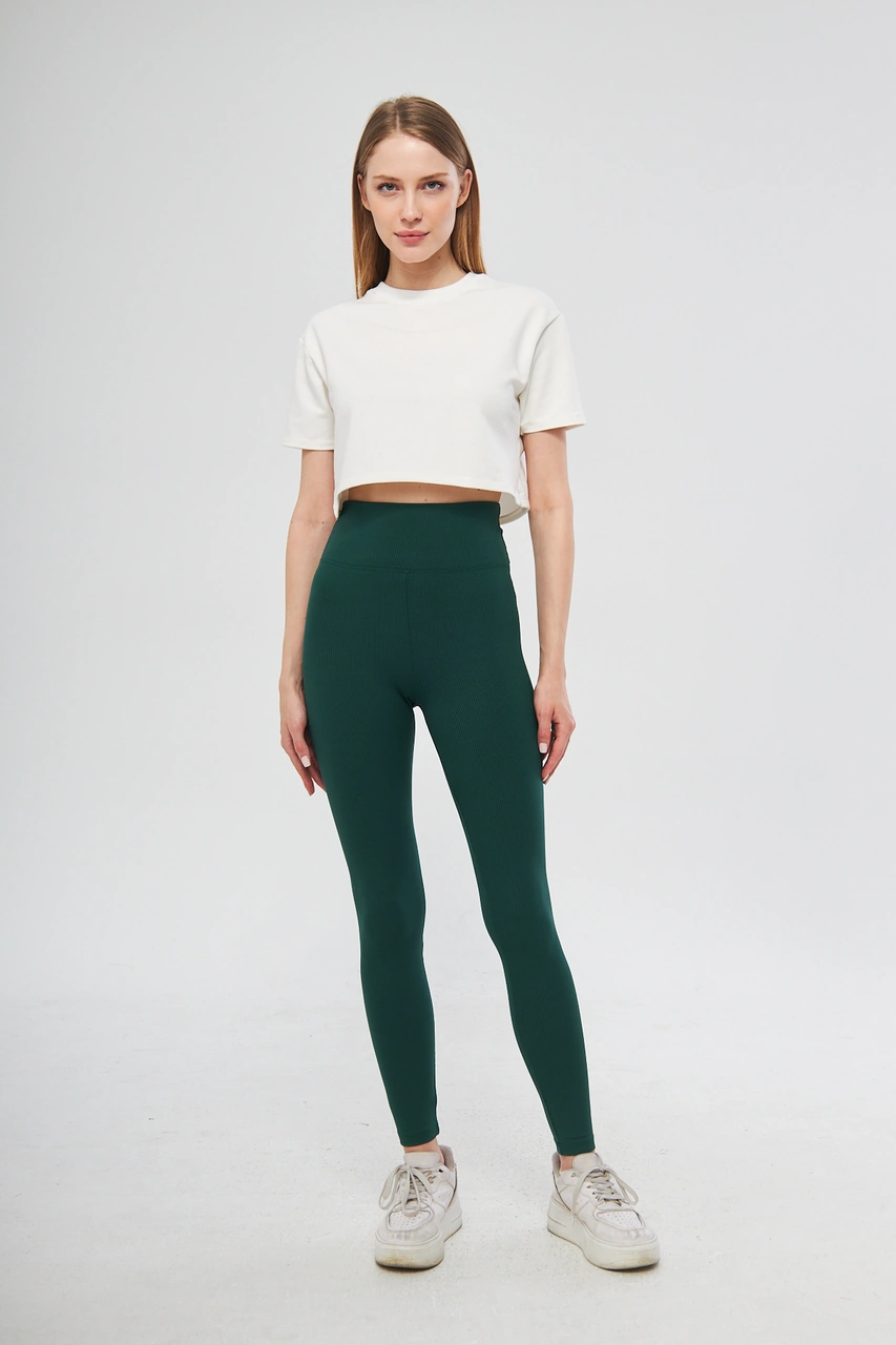 Bej Yüksek Bel Fitilli Toparlayıcı Interlok Örme Spor Dar Paça Kadın Tayt Zümrüt Yeşili