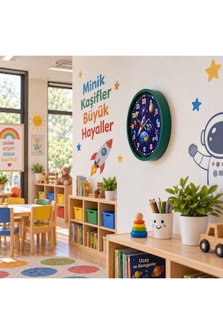 Gezegenler Dünyası 36 X 36 Cm Yeşil Çocuk Duvar Saati Renkli