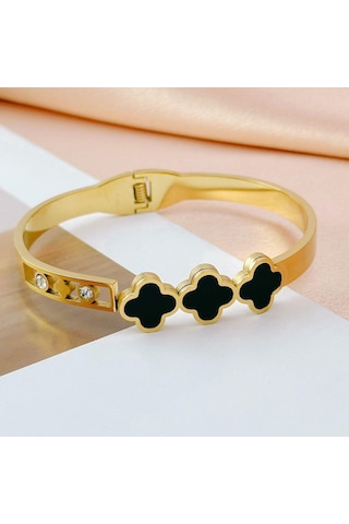 Altın Siyah Kabuk Üç Yonca Çim Kakma Pırlanta Titanyum Çelik İçi Boş Bileklik Altın