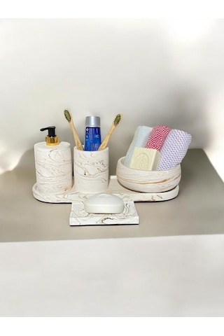 5'lı Banyo Seti Sıvı Sabunluk Diş Fırçalığı,havluluk,tepsi,katı Sabunluk Bej