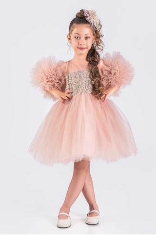 Kız Çocuk Abiye Elbise Ponpon Kol Pul Payetli Tütülü Pudra