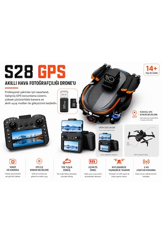 S28 Gps Drone 1080 Hd Kamera Tek Tuş İniş Kalkış Geri Dönme Katlanabilir Ekeranlı Kumanda 2.4ghz Usb-hafıza Kart Küresel Gps Konum Belirleme Elektirkli Kamera Led Işıklı