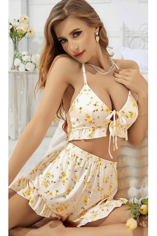 Kadın Çiçekli Ekru Askılı Şortlu Pijama Takım 5017 Ekru