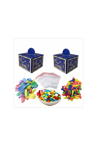 100'lü Hayırlı Ramazanlar Kutulu+100 Balon+100 Su Balonu+1 Kg Bonibon+100 Kilitli Poşetli Hediye Seti Tüm Yaşlar