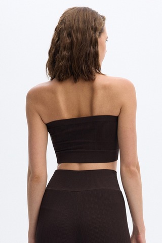 SubTone Dikişsiz Rib Dokulu Straplez Crop Top Koyu Kahve Kahverengi