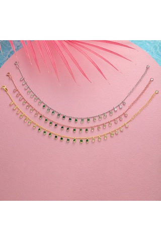 Queen Silver Jewelry 925 Ayar Gümüş Top Zicirli Yeşil Renk Geçişli Halhal Altın