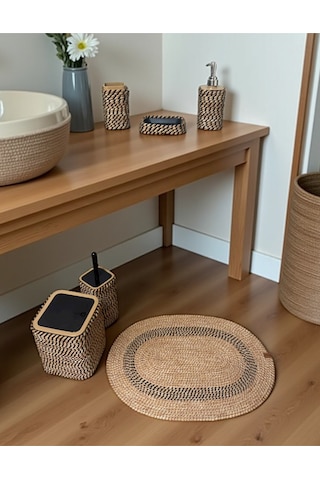 Doğal Dokulu Hasır Görünümlü 6 Parça Banyo Takımı Zarif Ve Modern Siyah