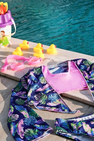 Mayom Kız Çocuk Yaprak Desenli Pareolu Bikini Takımı 3'lü Set-lacivert-pembe Lacivert - Pembe