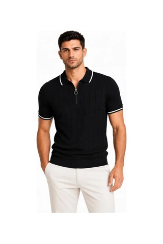Butik İstanbul Erkek Fitilli Triko T-shirt Polo Yaka Yarım Fermuarlı Kısa Kollu Tişört - Siyah