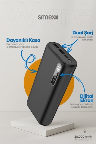 Simex Ware 20.000 mAh Dijital Ekranlı Powerbank - Dual Şarj, Type-C & Micro USB, Hızlı Şarj Destekli
