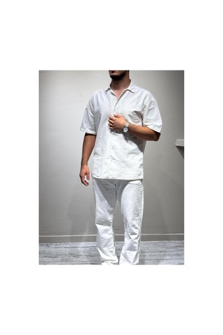 Gömlek Pantolon Erkek Keten Takım Oversize Kalıp Beyaz