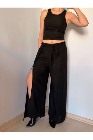 Ali Butik Siyah Derin Yırtmaç Detaylı Keten Pantolon siyah