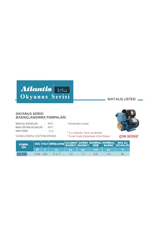Atlantis En 25m 0.45hp 220v Güneş Enerjisi Basınç Arttırıcı Pomp