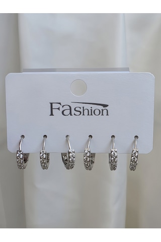6'lı Zirkon Taşlı Gümüş Silver Renk Küpe Seti 1cm Gümüş