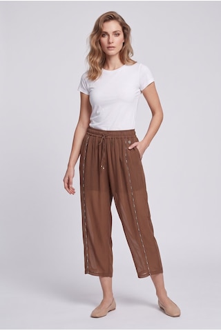 Bsb Kadın İpli Beli Boncuk İşlemeli Şifon Kumaş Rahat Kesim Crop Pantolon Mocha