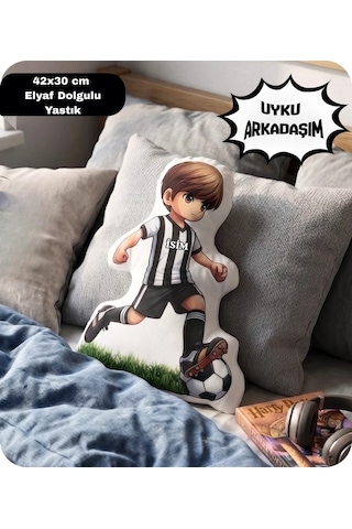 Taraftar Yastık Siyah Beyaz Formalı Futbolcu Figür İsimli Yastık Çift Yön Baskılı Yastık 42x30cm Siyah - Beyaz