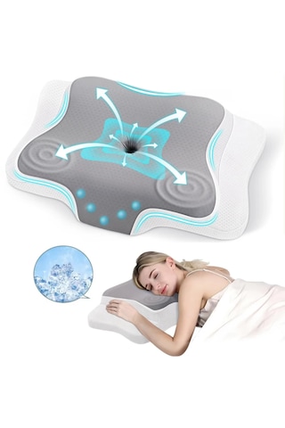Premium Ortopedik Yastık Konturlu Boyun Yastığı, Hafızalı Köpük, Ergonomik Boyun Ve Omuz Desteği, Serinletici Ve Kokusuz, Yan Ve Sırtüstü Yatanlar İçin Gri - Beyaz