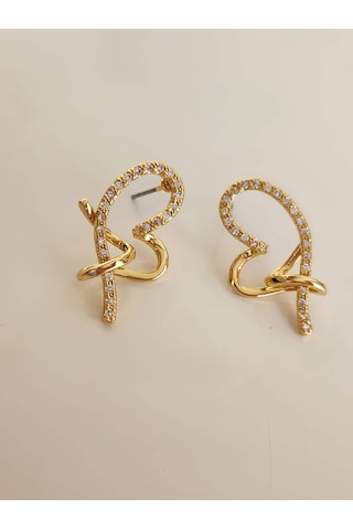 Kalp M Model Zirkon Taşlı Gold Renk Küpe Gold