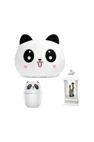 Panda Temalı Dekoratif Tasarıma Sahip Hediye Seti Peluş Panda Yastık + Buhar Makinesi Nemlendirici + Sevgili Figürlü Kar Küresi Dekoratif Hediye Seti
