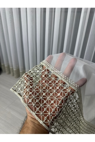 Tül Perde Etek Aplike Eritme Ruteb Desen Gold İşleme Ekru