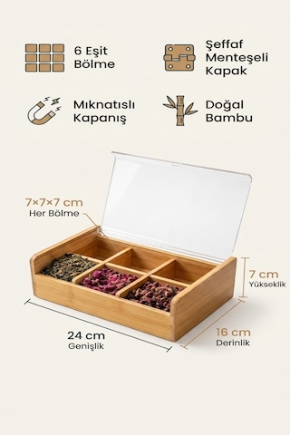 Makri Home Bambu 6 Bölmeli Düzenleyici Kutu, Şeffaf Kapak Bambu