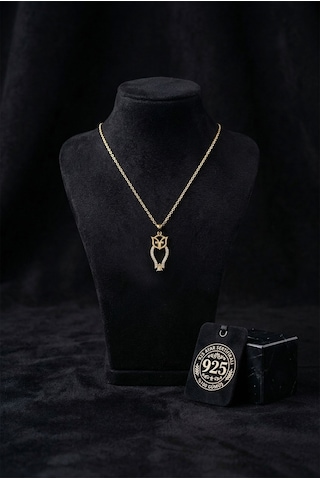 925 Ayar Zirkon Taşlı Gold Minimal Baykuş Gümüş Kolye Rzn10085