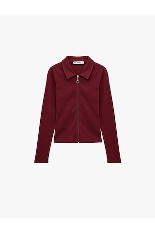 Koton Pamuklu Slim Fit Fermuarlı Uzun Kollu Kaşkorse Polo Yaka Tişört Bordo 7wal10132ık