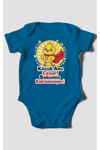 Morivokids Küçük Ama Cesur Babamın Kahramanıyım Kısa Kollu Bebek Body %100 Pamuk Koyu Mavi