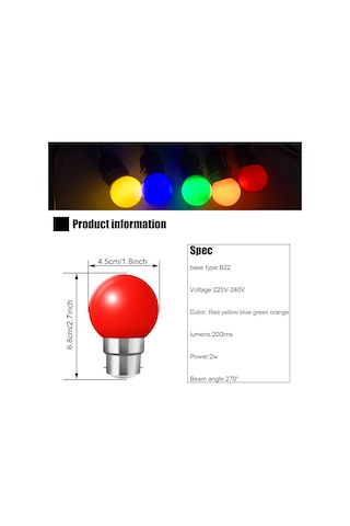 B22 Süngü Soketli 20 Adet Renkli Led Ampul, Mini Küre Tarzı, Verandalarda, Bahçelerde, Partilerde Ve Noel'de Golf Toplarını Süslemek İçin İdealdir.