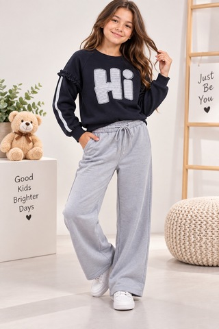 Uğur Bebe Kız Çocuk Eşofman Takımı %100 Pamuk 3 İplik Şardonsuz Siyah Gri Baskılı Sweatshirt Bol Paça Siyah Gri Siyah Gri