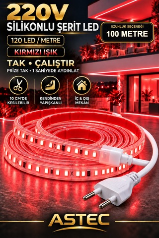 Astec Yapışkanlı 100 Metre Kırmızı 220v Silikonlu Şerit Led Yüksek Güç Tak Çalıştır İç Dış Mekân Su Geçirmez
