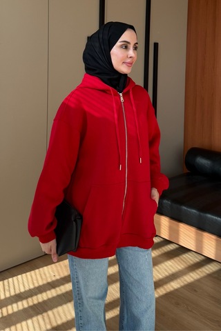 Balenbi Kadın 3 İplik İçi Polarlı Kapüşonlu Tesettür Basic Sweat Hırka 395 Kırmızı
