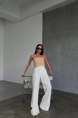 Defymoda Üç Düğme Detayli Palazzo Pantolon Beyaz