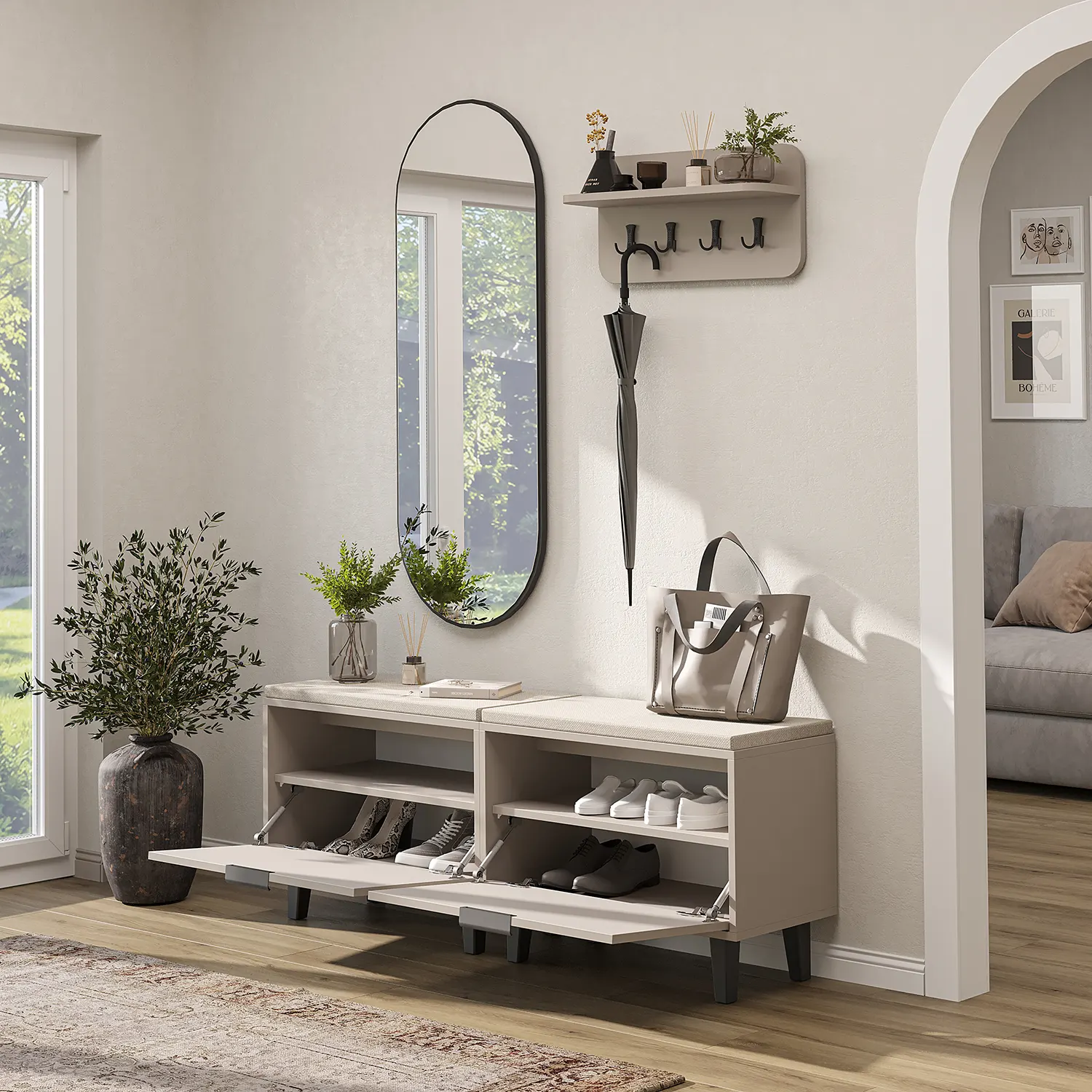 Nord Vestiyer Takımı Askılıklı, Kapaklı Bench, Modüler, Oval Aynalı Portmanto Takımı Kumtaşı