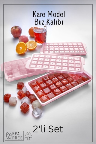 32 Bölmeli Kare Model Buz Kalıbı - / 2'li Set - Pembe Pembe