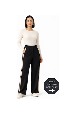 Trend Alisse Kadın Siyah Yanı Şeritli Bol Paça Pileli Palazzo Kumaş Pantolon