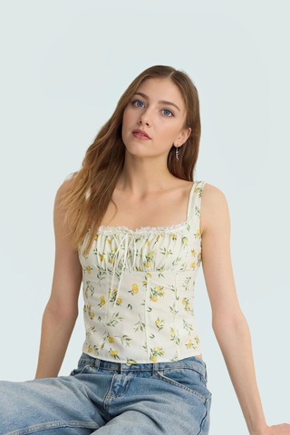 Ersefa Limon Desenli Kolsuz Crop Bluz Rahatlık Ve Şıklık Bir Arada Dayan Ekru
